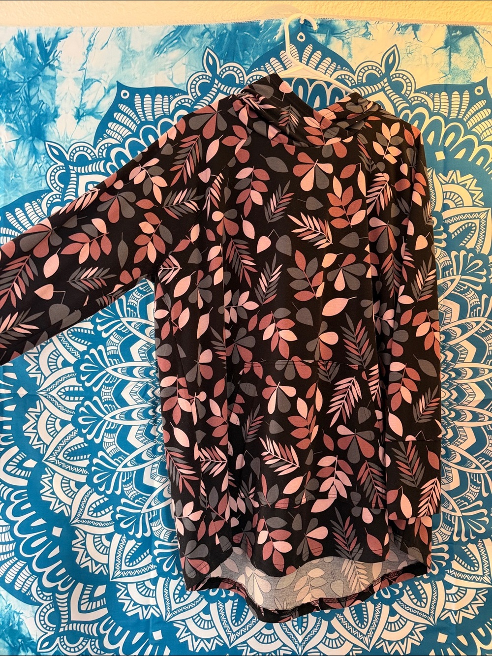 LuLaRoe Black Hoodie with Pink Leaf Print